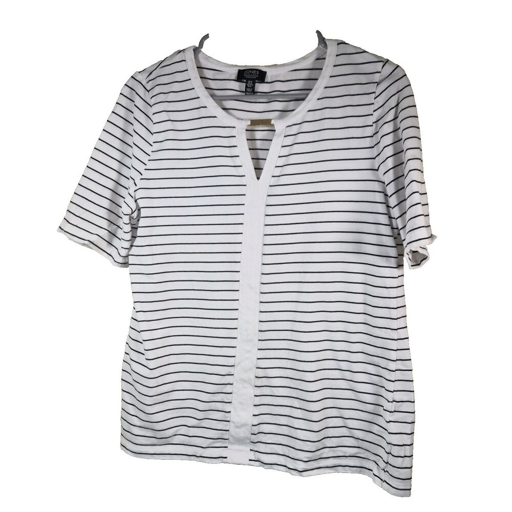 Jones New York Top Women M Medium White Black Striped Split Neck Blouse Casual